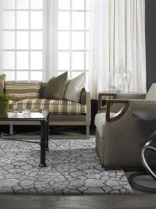 Cool neutral colors in a modern transitional home living room sofa chair rug table 29029