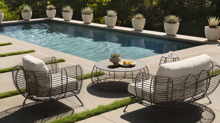 Child-safe outdoor patio furniture with rounded edges, weather-resistant cushions, and shaded seating area for families and pets