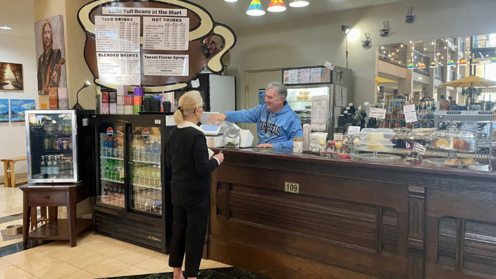 Taste Full Beans Coffeehouse at Hickory Furniture Mart South Entrance with cozy seating, espresso drinks, pastries, and local art gallery display